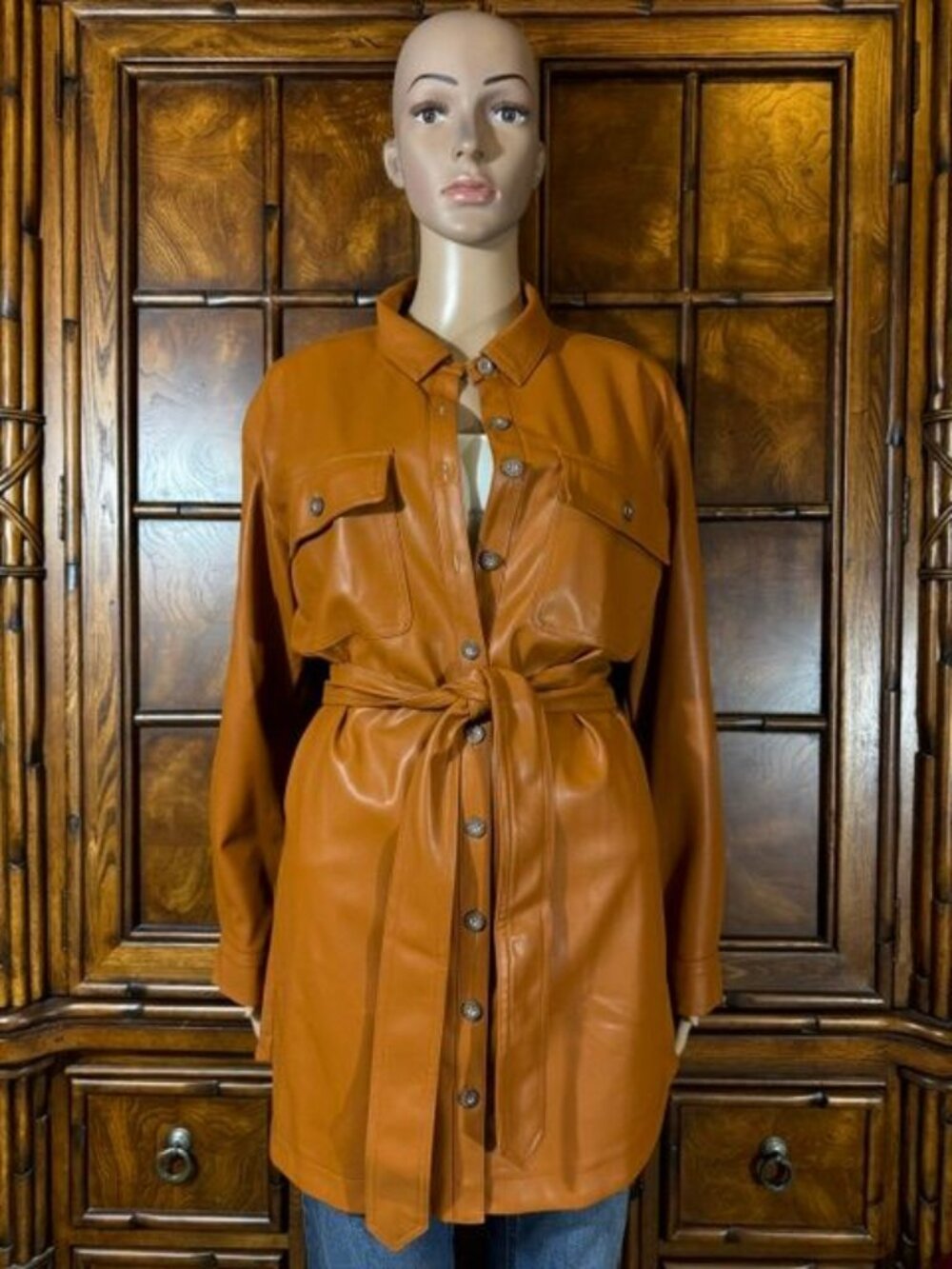 Jessica Simpsom Adobe Stretch Faux Leather Belted Safari Car Coat
